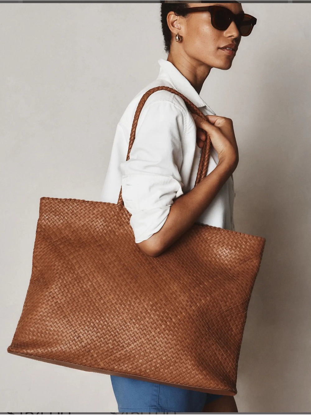 Quince Siena Handwoven Tote Italian Leather Cognac Large Woven Shoulder Bag